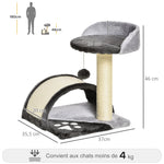 Arbre à chat griffoir grattoir design jeu boule suspendue + plateforme peluche sisal naturel gris foncé