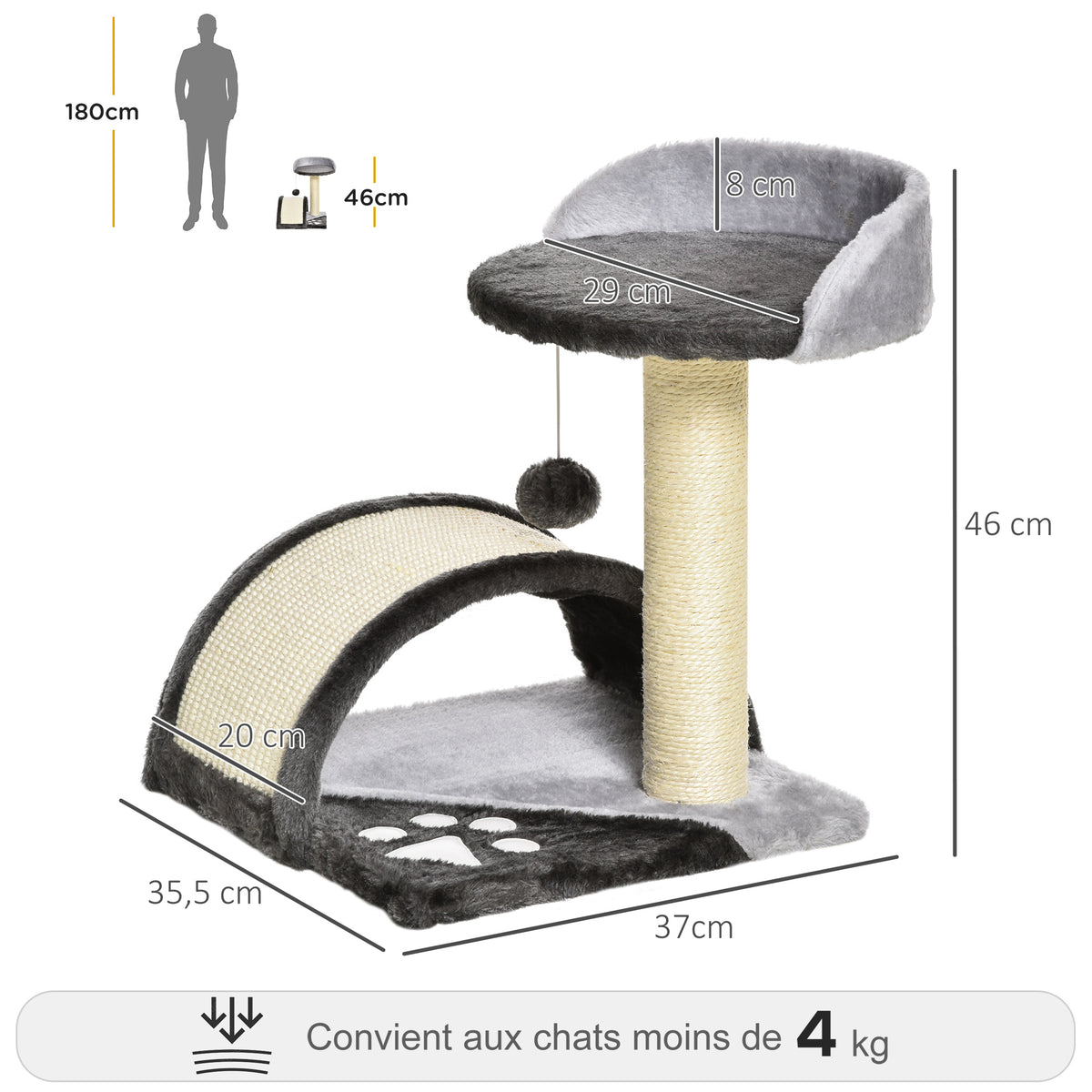 Arbre à chat griffoir grattoir design jeu boule suspendue + plateforme peluche sisal naturel gris foncé