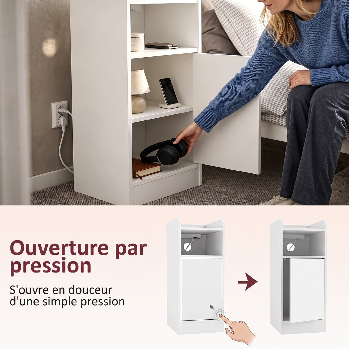 Lot de 2 tables de chevet avec station de charge, tables de nuit avec compartiment ouvert, étagère réglable, blanc