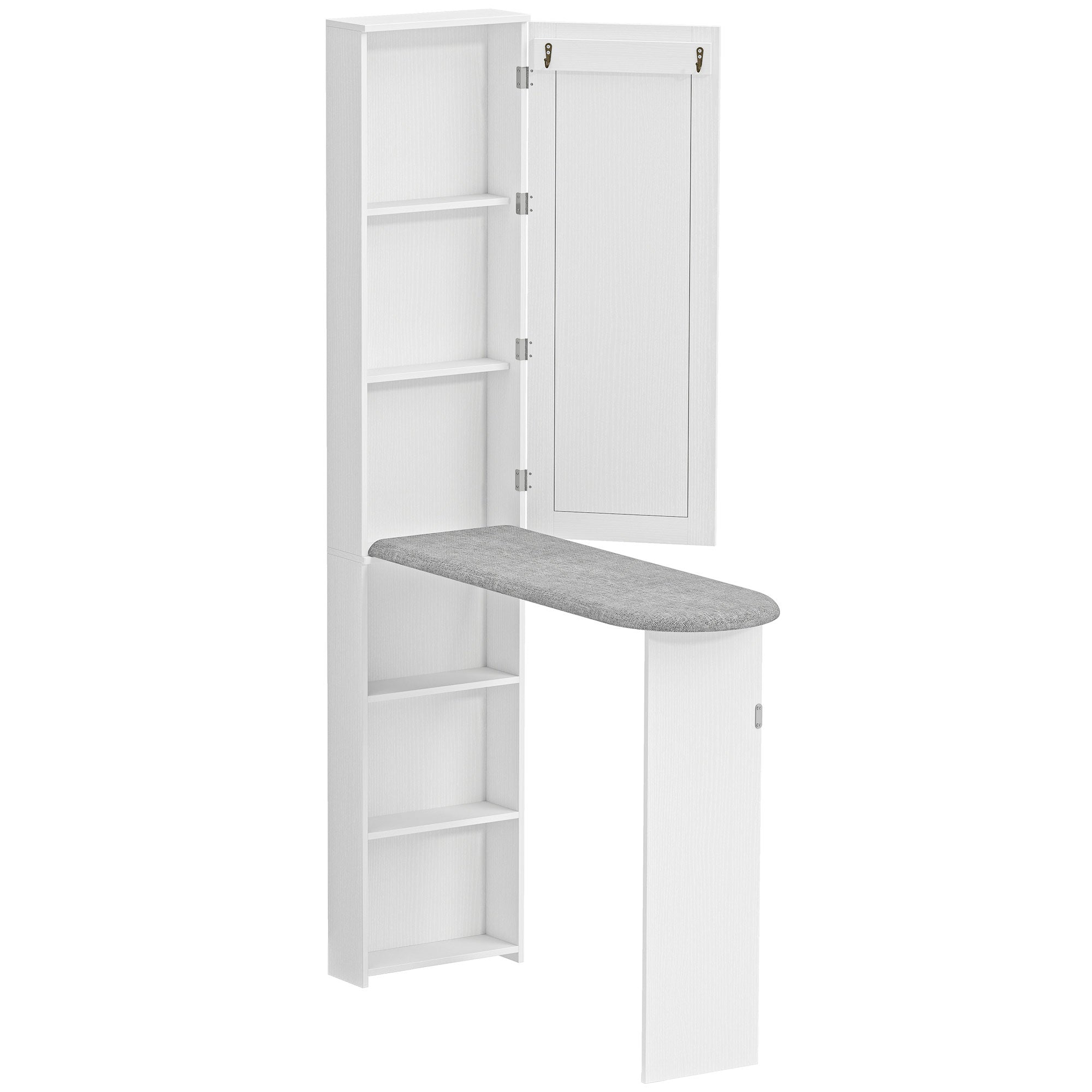 Armoire de Planche à Repasser Pliable avec Miroir, Armoire de Rangement avec 6 Compartiments, 2 Crochets, Blanc