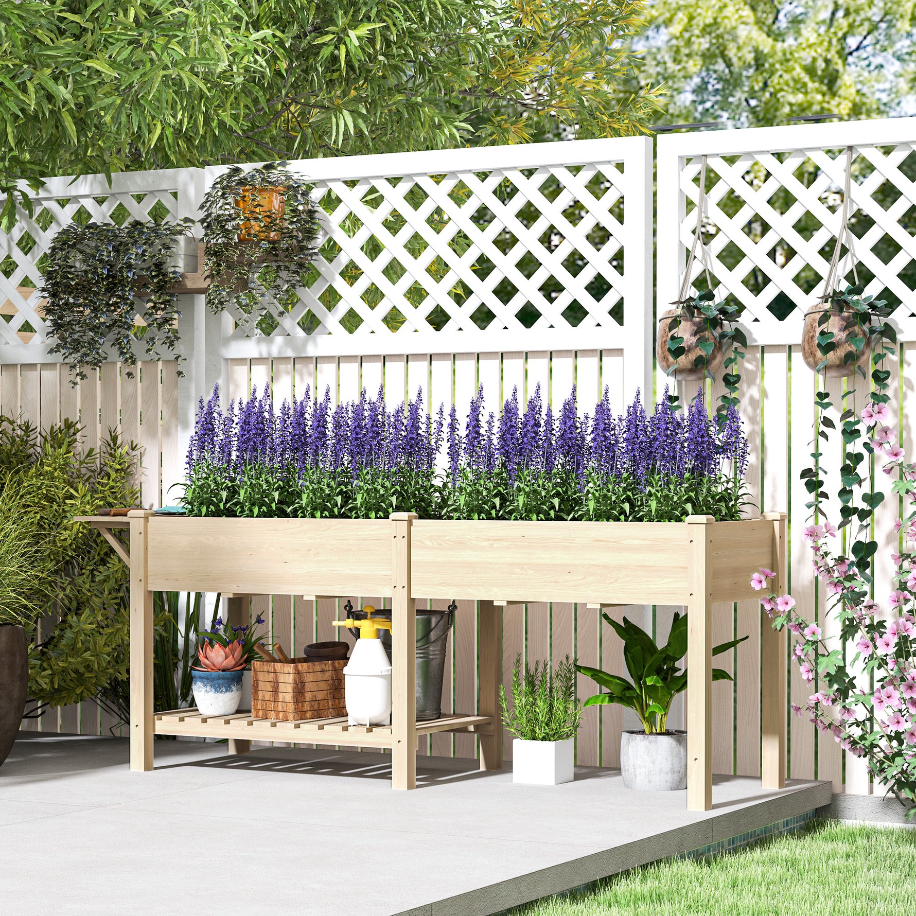 Jardinière sur pieds carré potager de jardin sur pieds 2 bacs tablette étagère inférieure 207 x 59 x 78 cm bois naturel
