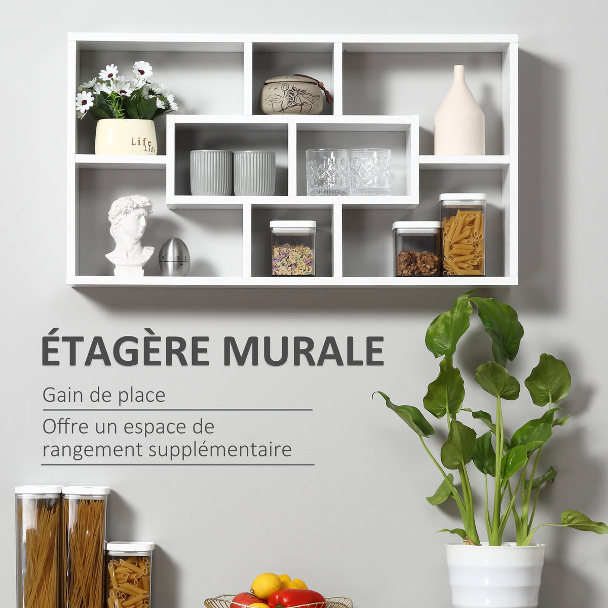 Étagère murale bibliothèque 8 cubes, meuble de rangement, design moderne, 85 x 14,5 x 47,5 cm, blanc