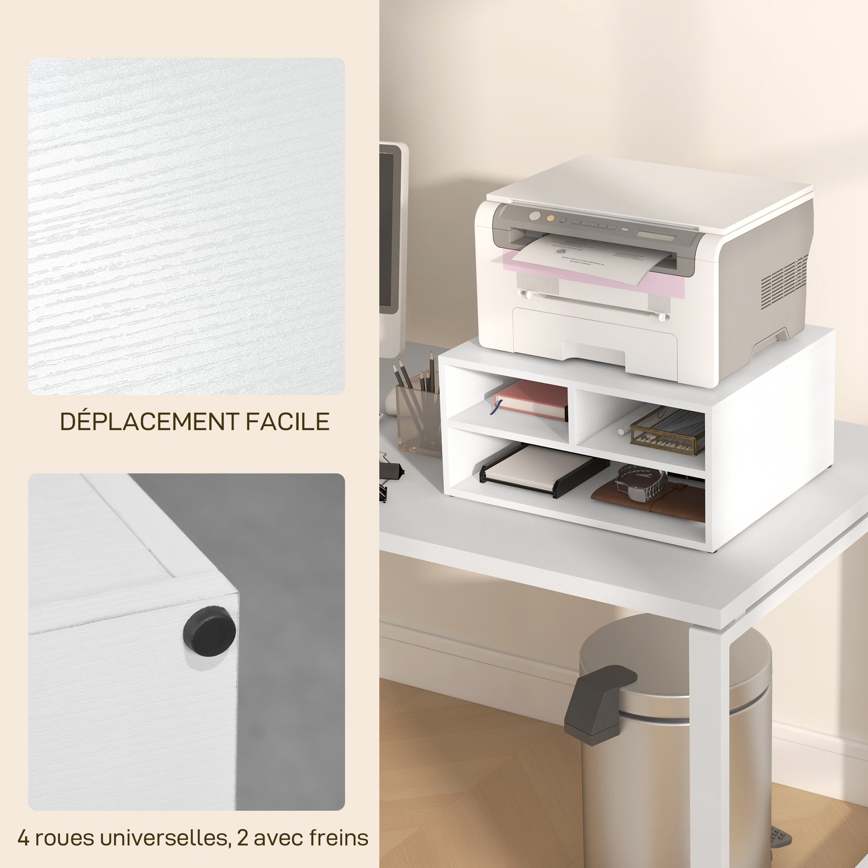 Organiseur bureau aspect blanc avec 3 compartiments fournitures support d'imprimante 47 x 40 x 22,5 cm