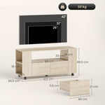 Meuble TV sur roulettes 102 cm, meuble télé pour téléviseur jusqu'à 42 pouces, 2 tiroirs, compartiments ouverts, naturel