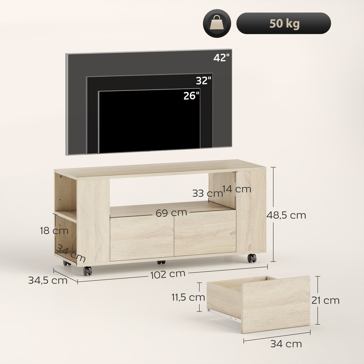 Meuble TV sur roulettes 102 cm, meuble télé pour téléviseur jusqu'à 42 pouces, 2 tiroirs, compartiments ouverts, naturel