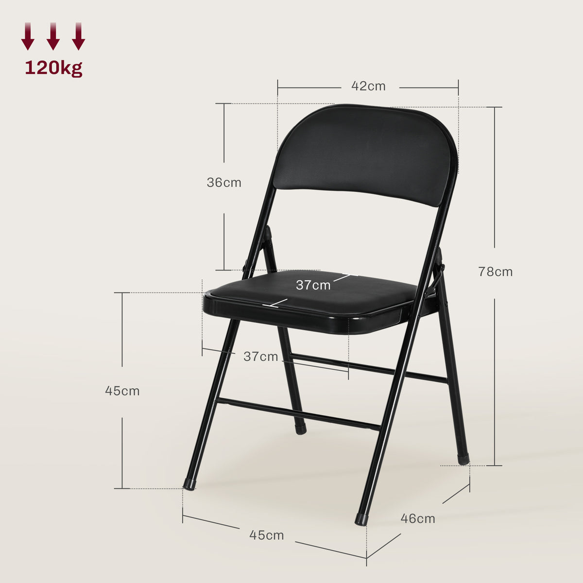 Lot de 2 chaises pliantes chaises de salle à manger portables cadre en acier dim. 45l x 46P x 78H cm noir