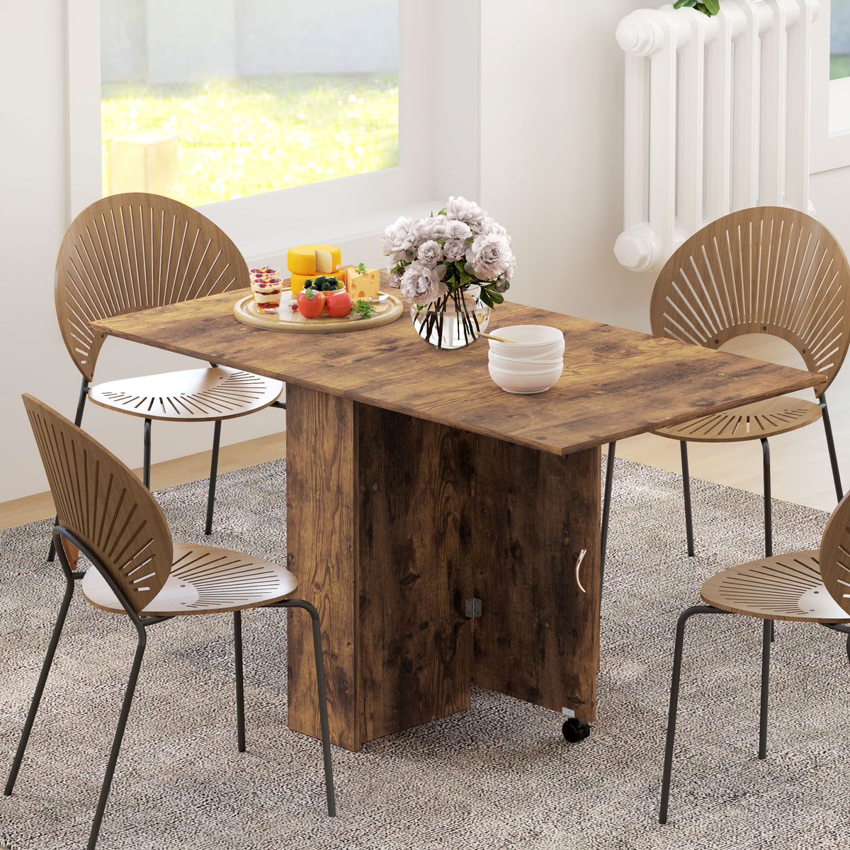 Table à Manger Pliante Mobile sur Roulettes, 2 Plateaux Rabattables, 2 Étagères Intégrées, 140x80x74cm, Brun Rustique