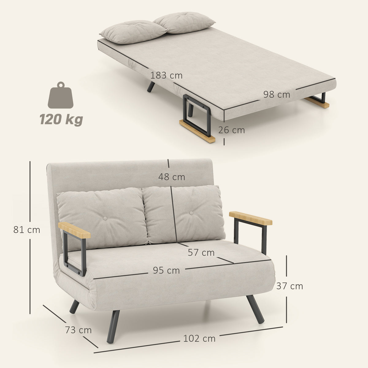 Canapé convertible 2 places avec dossier réglable à 5 niveaux et 2 coussins rembourrés, revêtement effet velours, beige