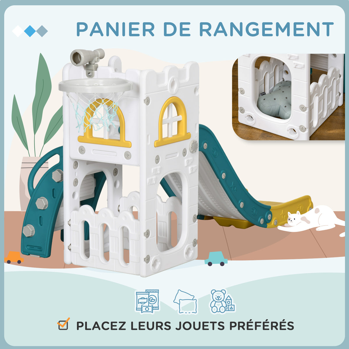 Toboggan pour enfants 5 en 1 avec panier de basket escalade télescope espace de rangement 70 x 177 x 92 cm jaune