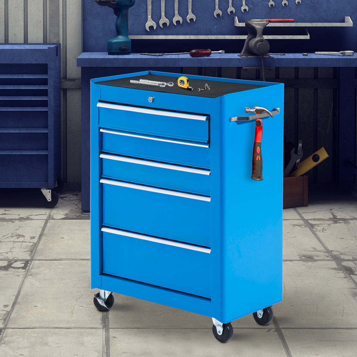 Chariot à outils sur roulettes, Servante d'atelier en acier 5 tiroirs verrouillable 2 clés, 61,5 x 33 x 82,5 cm, bleu