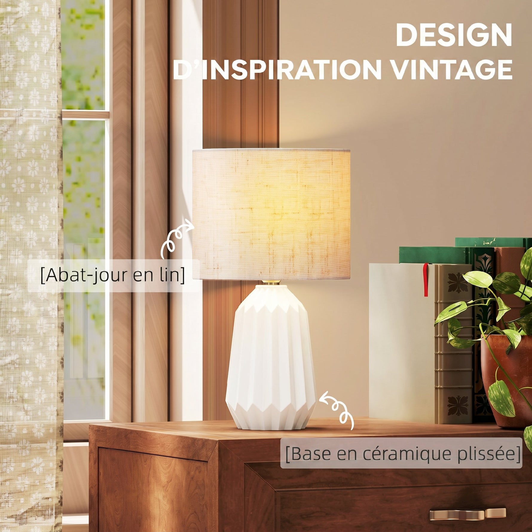 Lampe de Table avec Base en Céramique et Abat-Jour en Lin, Lampe de Chevet avec Interrupteur, Culot E27, Blanc et Beige