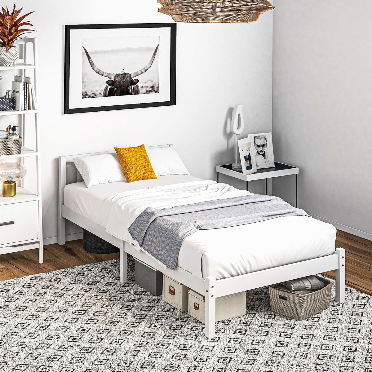 Estructura de cama de madera maciza 90x190 cm, cama individual con cabecero y somier de láminas resistente para niños y adultos