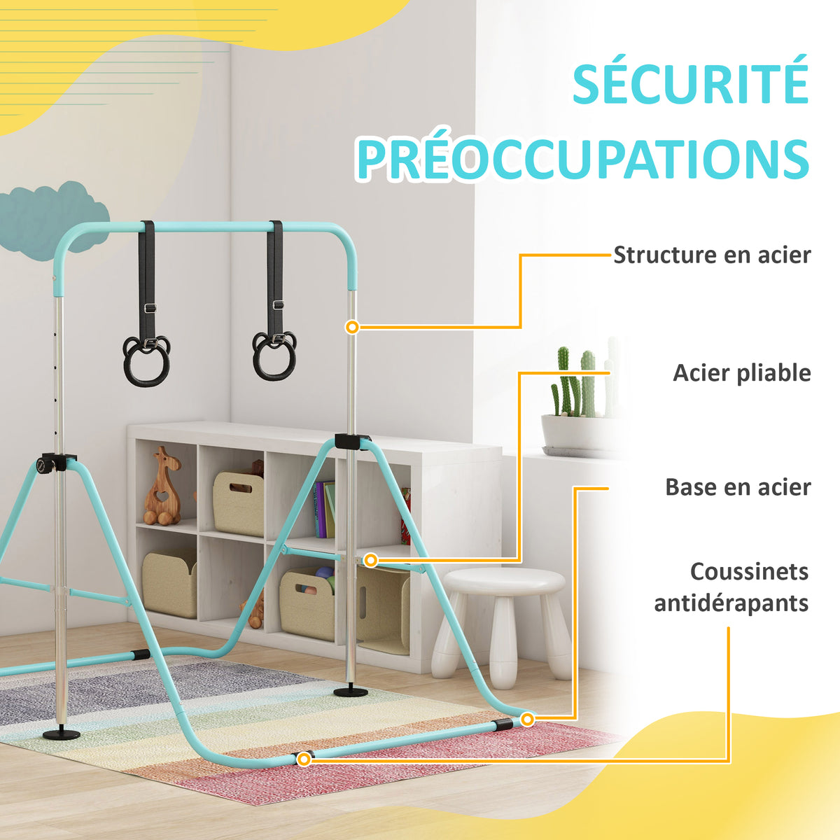 Barre de gymnastique pour enfants, barre horizontale pliable à hauteur réglable avec anneaux de gymnastique, cyan
