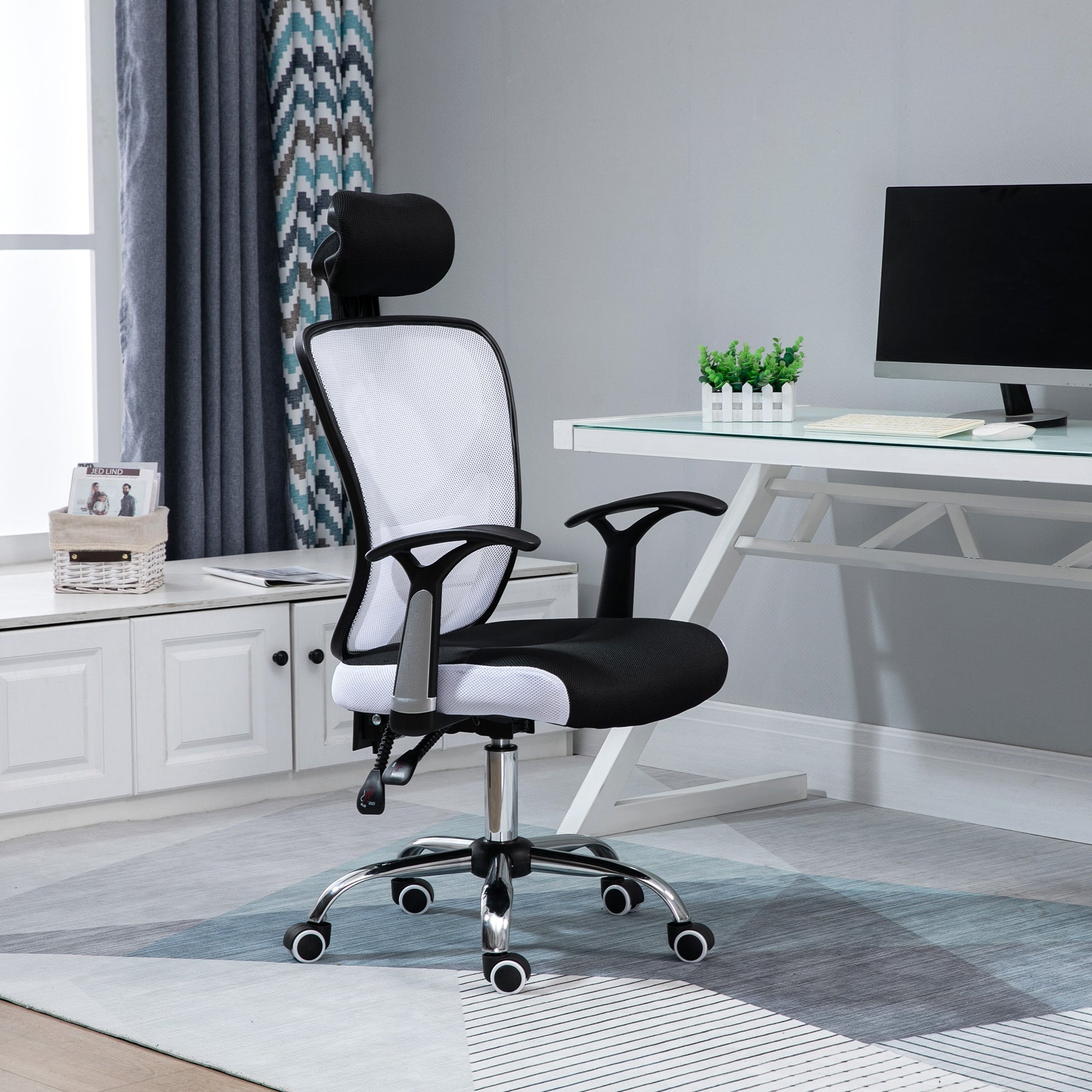 Fauteuil de bureau, chaise de bureau en maille avec hauteur réglable, dossier inclinable, 62x67x118cm, noir et blanc