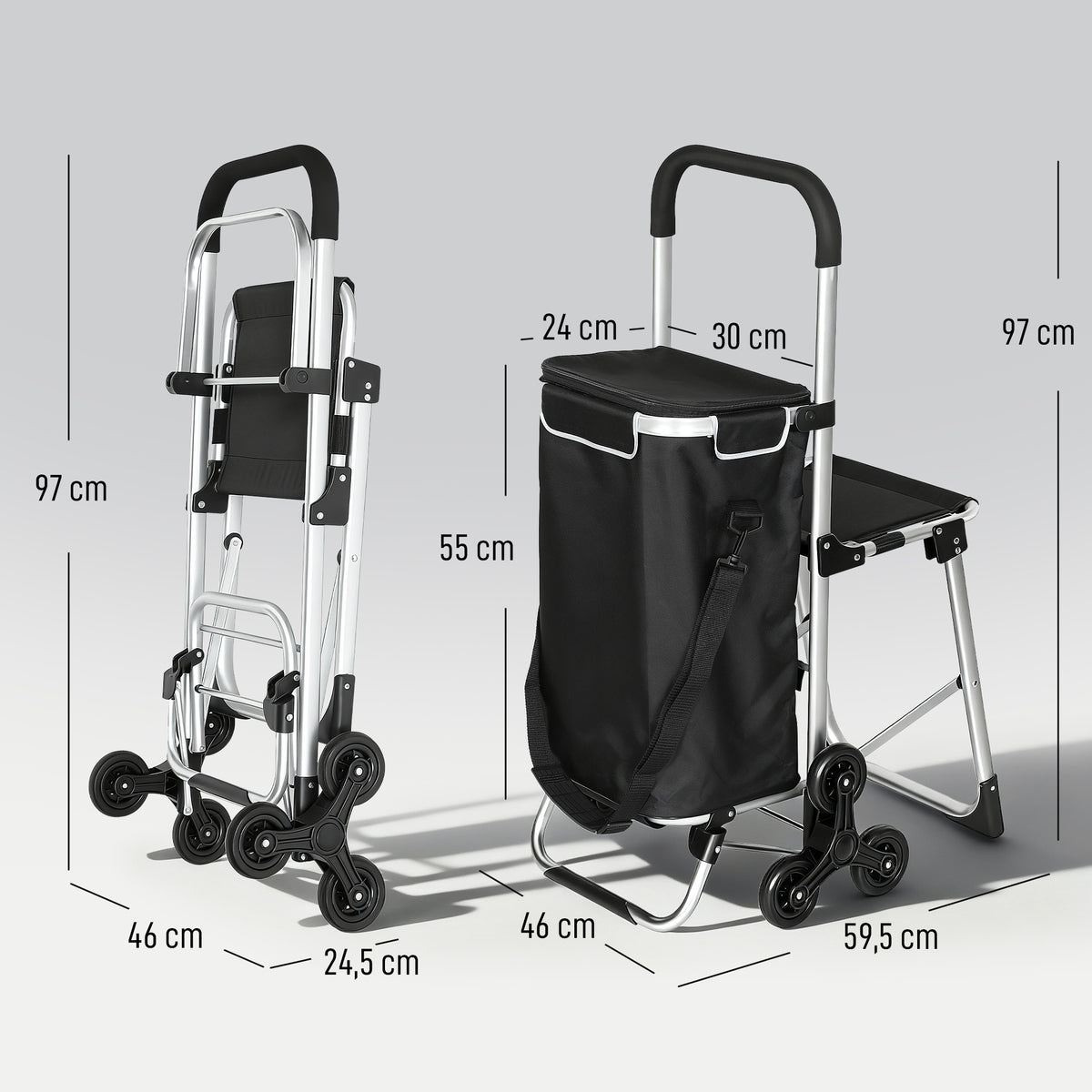 Chariot de courses pliable caddie de courses portable à roulettes avec siège pliable, sac amovible, 46x59,5x97cm, noir
