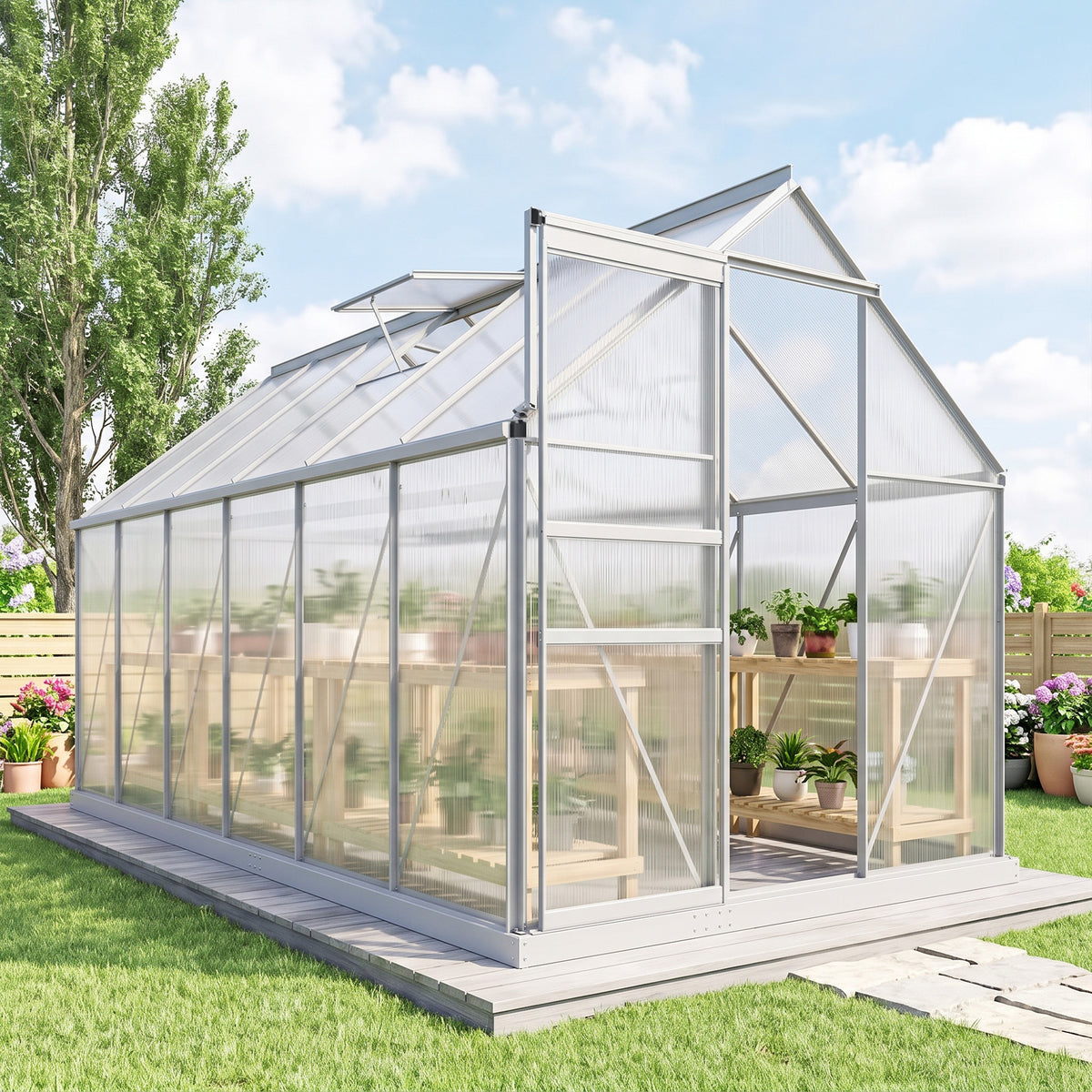 Serre de jardin 7,1 m² en aluminium polycarbonate avec fondation, 190 x 375 x 199 cm, serre avec fenêtre