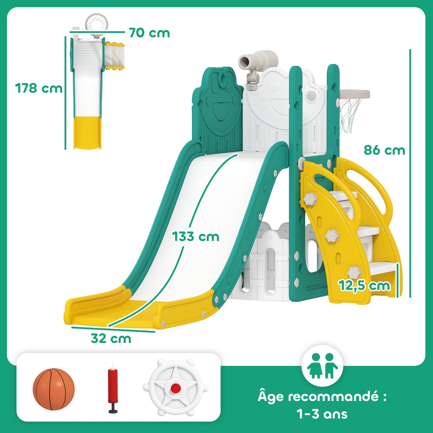 Toboggan pour tout-petits 5 en 1 toboggan autoportant pour enfant avec panier de basket, télescope, 178x70x86cm, jaune