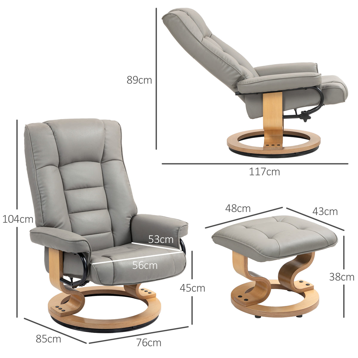 Poltrona relax reclinabile con poggiapiedi, girevole, struttura in legno, rivestimento sintetico grigio