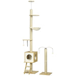 Krabpaal vloer tot plafond in hoogte verstelbaar 225-285 cm met krabpaal 4 niveaus grot hangmat ladder speelgoed beige