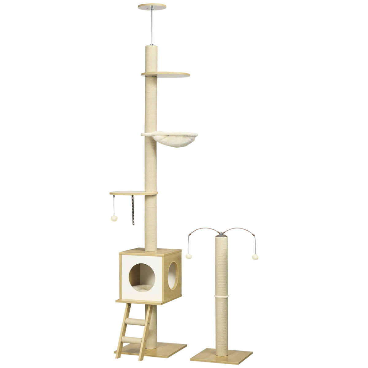 Krabpaal vloer tot plafond in hoogte verstelbaar 225-285 cm met krabpaal 4 niveaus grot hangmat ladder speelgoed beige