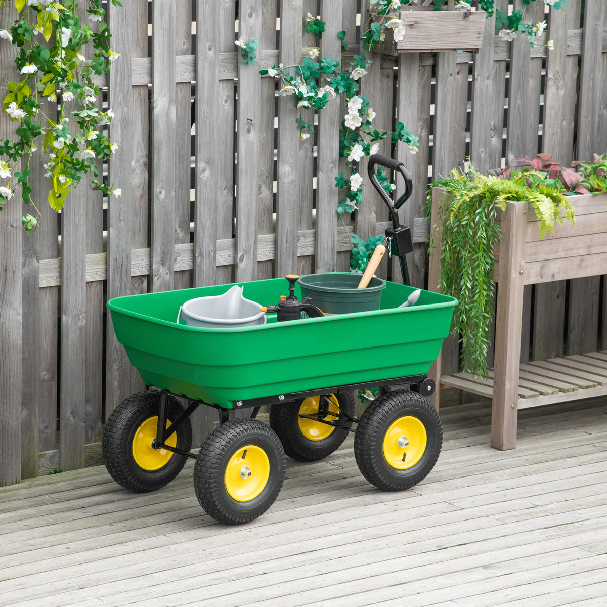 Garten-Handwagen Kippmulde 75° 125L Max. Traglast 200 Kg 4 Luftreifen Stahl PP Gelb Grün