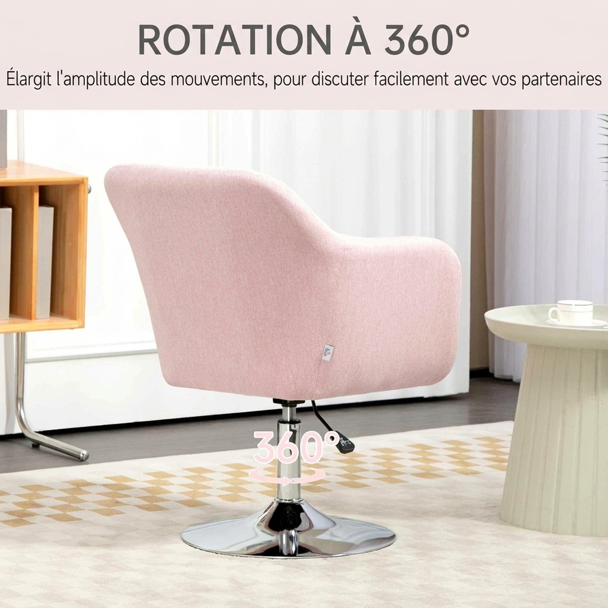 Fauteuil de salon coussins lombaires hauteur réglable pivotant 360° piètement en métal rose