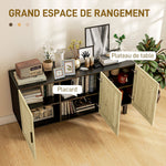 Meuble de rangement avec placards à portes effet cannage, étagères réglables, 136 x 41 x 70 cm, noir et bois naturel