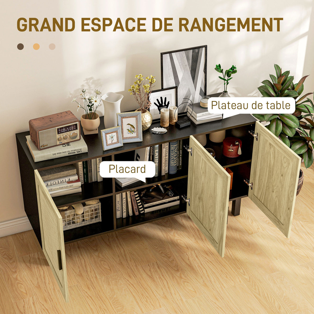 Meuble de rangement avec placards à portes effet cannage, étagères réglables, 136 x 41 x 70 cm, noir et bois naturel