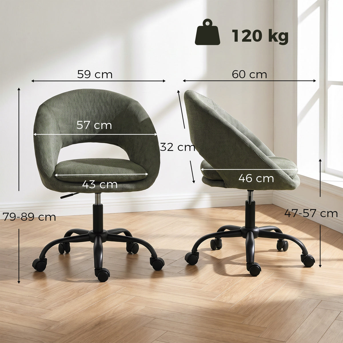 Sedia da ufficio ergonomica in ciniglia, altezza regolabile, braccioli integrati, girevole a 360°, 59x60x79-89 cm, verde scuro