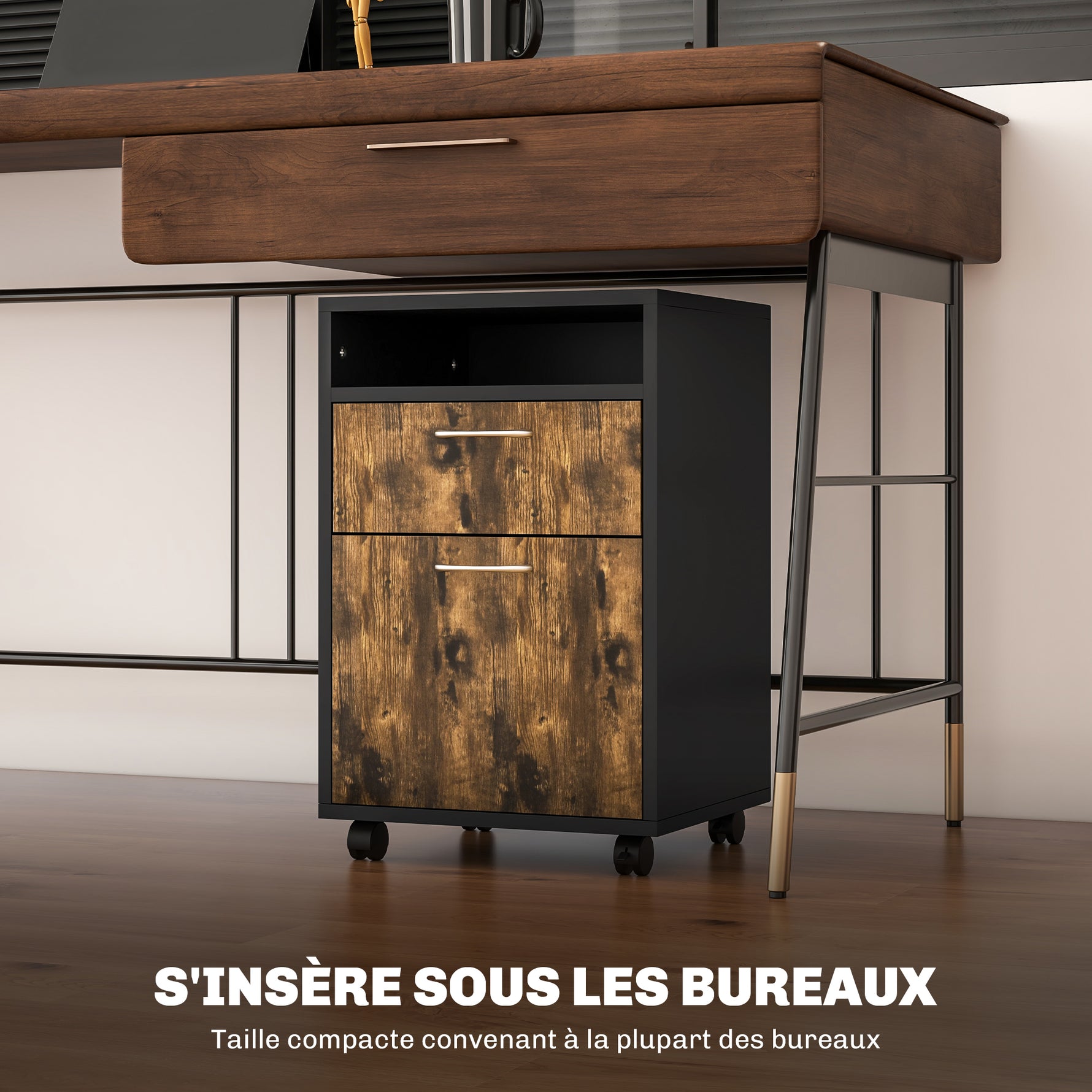 Caisson de bureau à roulettes avec tiroir placard niche pour documents et dossier suspendu 40 x 35 x 60 cm brun rustique