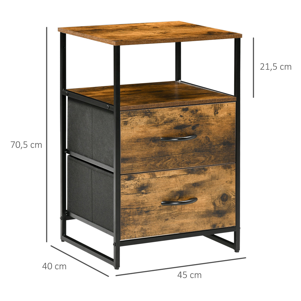 Table de Chevet avec 2 Tiroirs Tissus Table d'appoint petit Meuble de Rangement Style Industriel Commode 2 tiroirs - 45 x 40 x 70,5 cm - Bois et métal