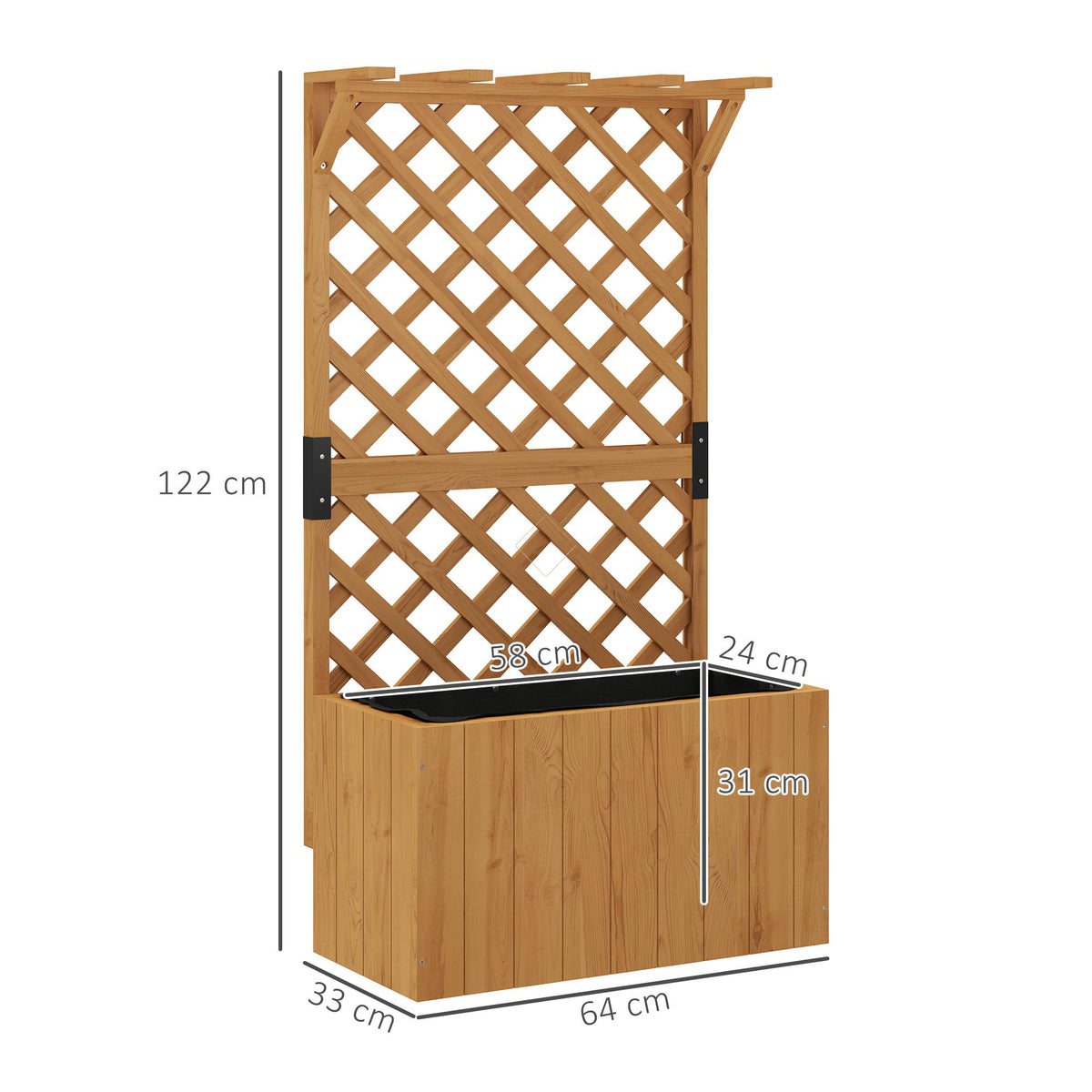 Jardinière avec treillis, bac à fleurs en bois massif avec trous de drainage et doublure, 64 x 33 x 122 cm, bois naturel