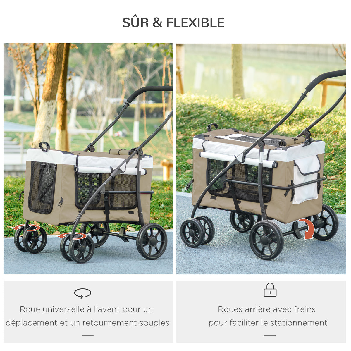 Poussette pliable animaux chien chat nacelle amovible bandoulières 4 roues 81 x 58 x 97,5 cm kaki