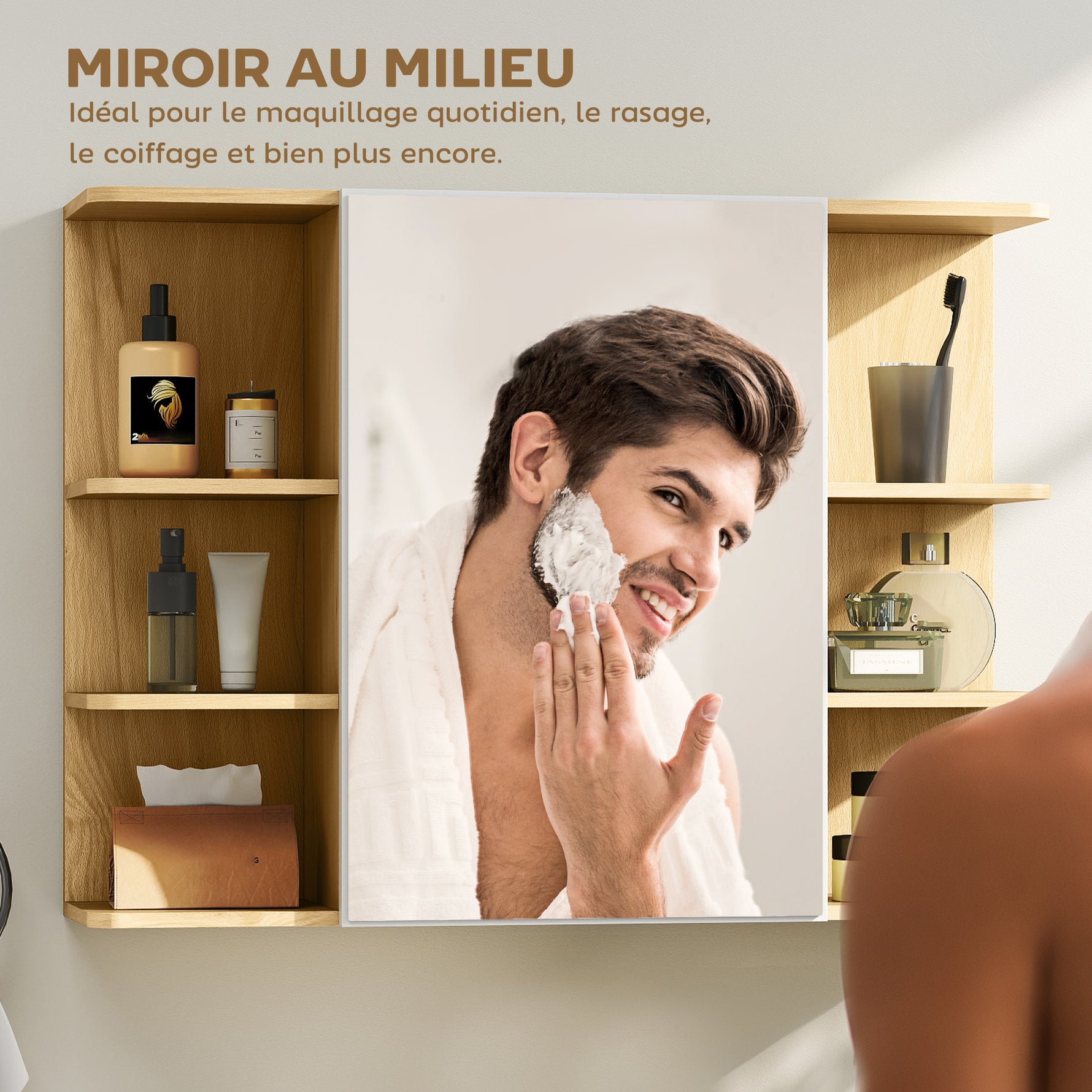 Armoire murale salle de bain avec miroir, meuble salle de bain avec étagères ouvertes, 80 x 20 x 59 cm, bois naturel