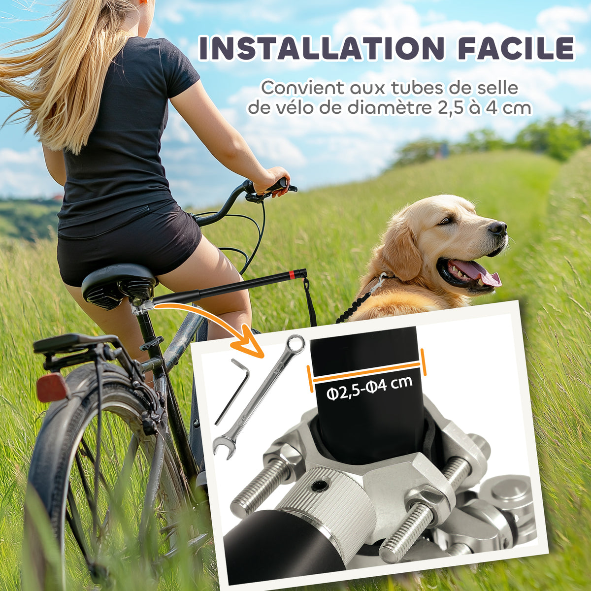 Laisse pour chien pour vélo 124 cm, laisse d'exercice chien, facile à installer et amovible, acier et polyester, noir