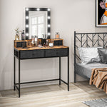 Coiffeuse table de maquillage miroir LED réglable intégré - pied en métal noir - 4 tiroirs en tissu - Aspect bois foncé