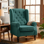 Gecapitonneerde salonfauteuil met brede zitting, houten poten, klassieke stijl, hoog comfort, 74 x 86 x 102 cm, groen