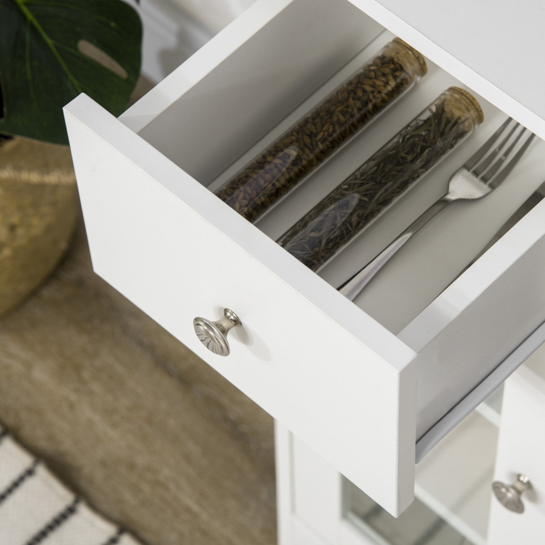 Buffet de cuisine moderne avec porte en verre, tiroir, grande niche et étagères réglables 80 x 30 x 82 cm blanc