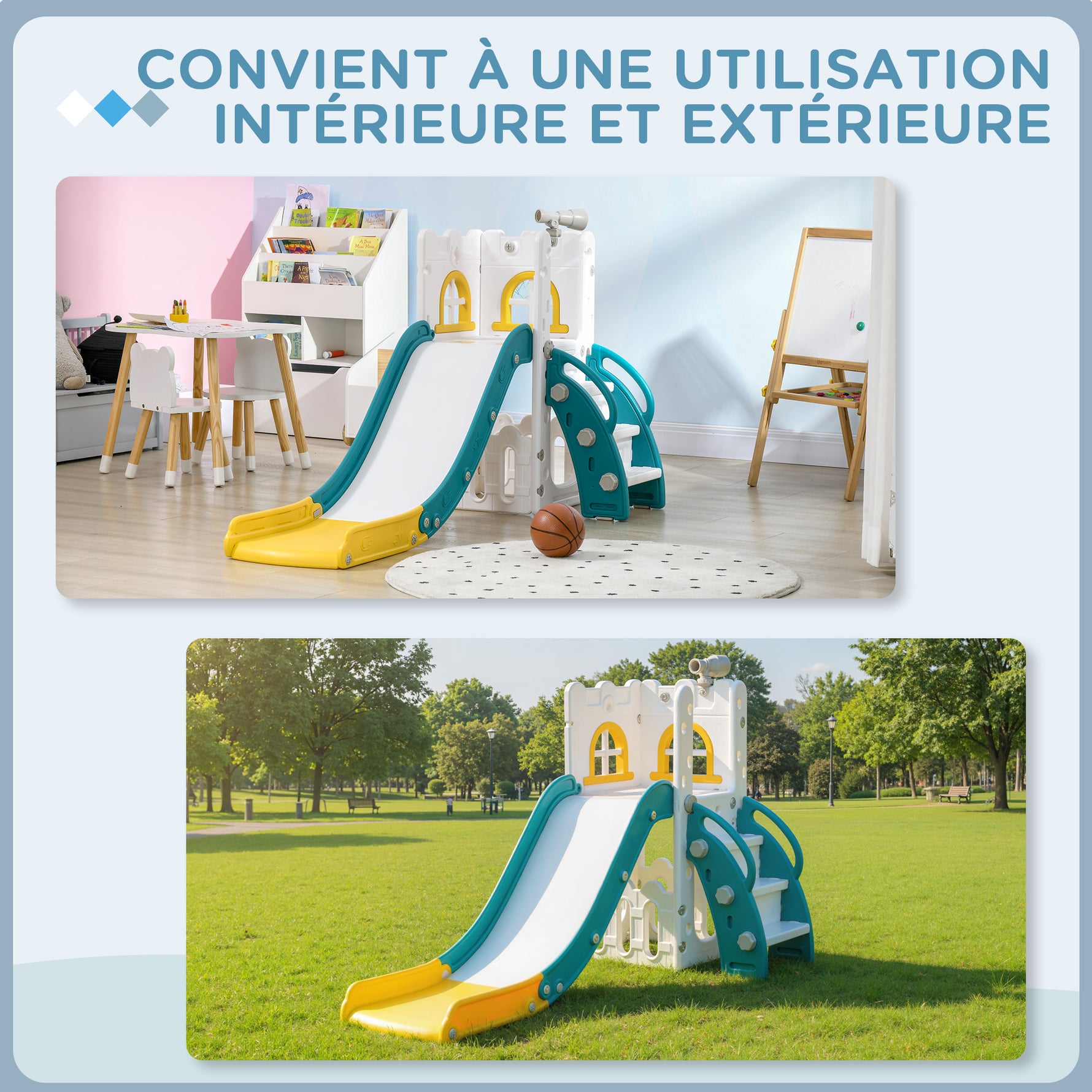 Toboggan pour enfants 5 en 1 avec panier de basket escalade télescope espace de rangement 70 x 177 x 92 cm jaune