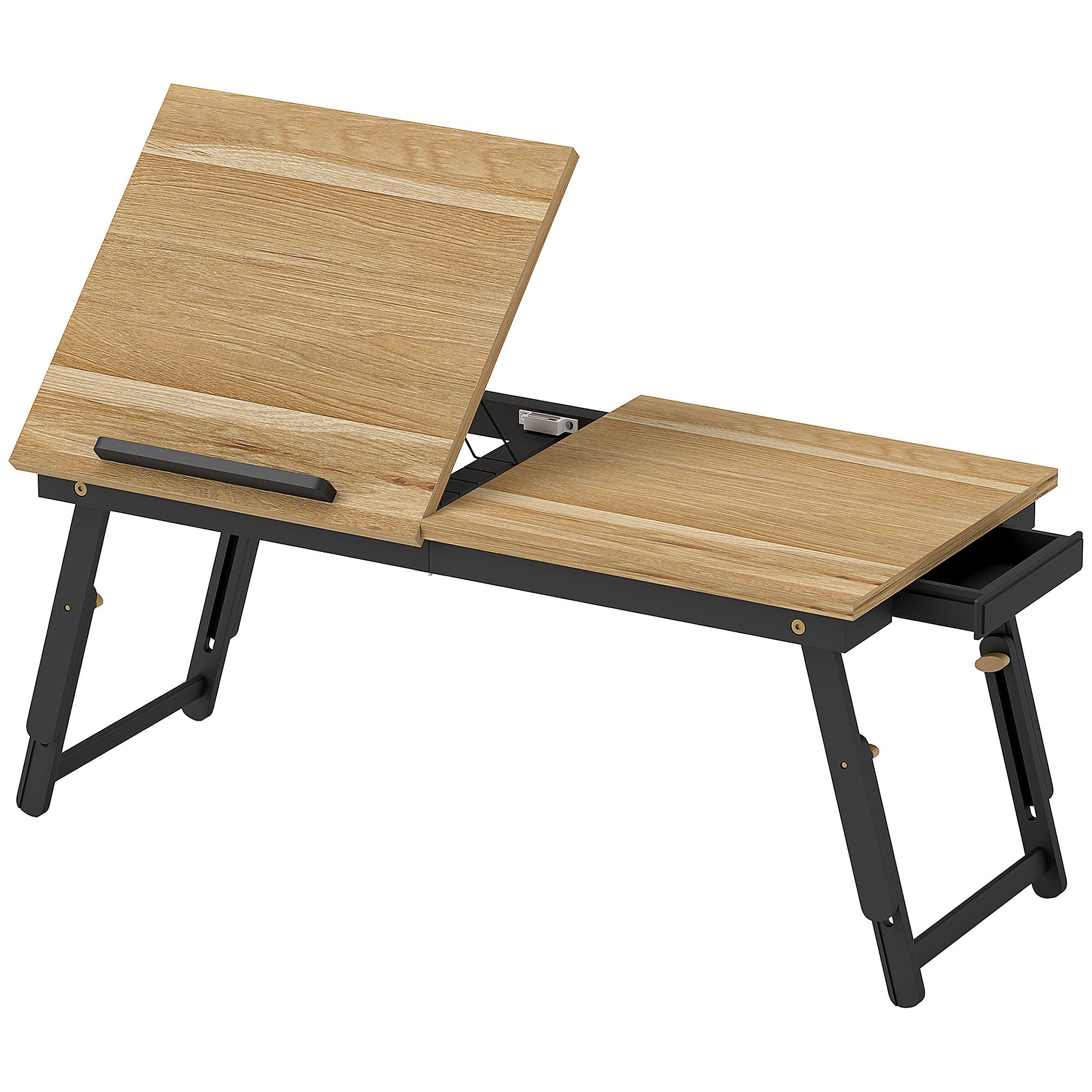 Table de lit pliable et réglable, plateau de lit pour ordinateur portable en bambou - plateau inclinable, tiroir, chêne