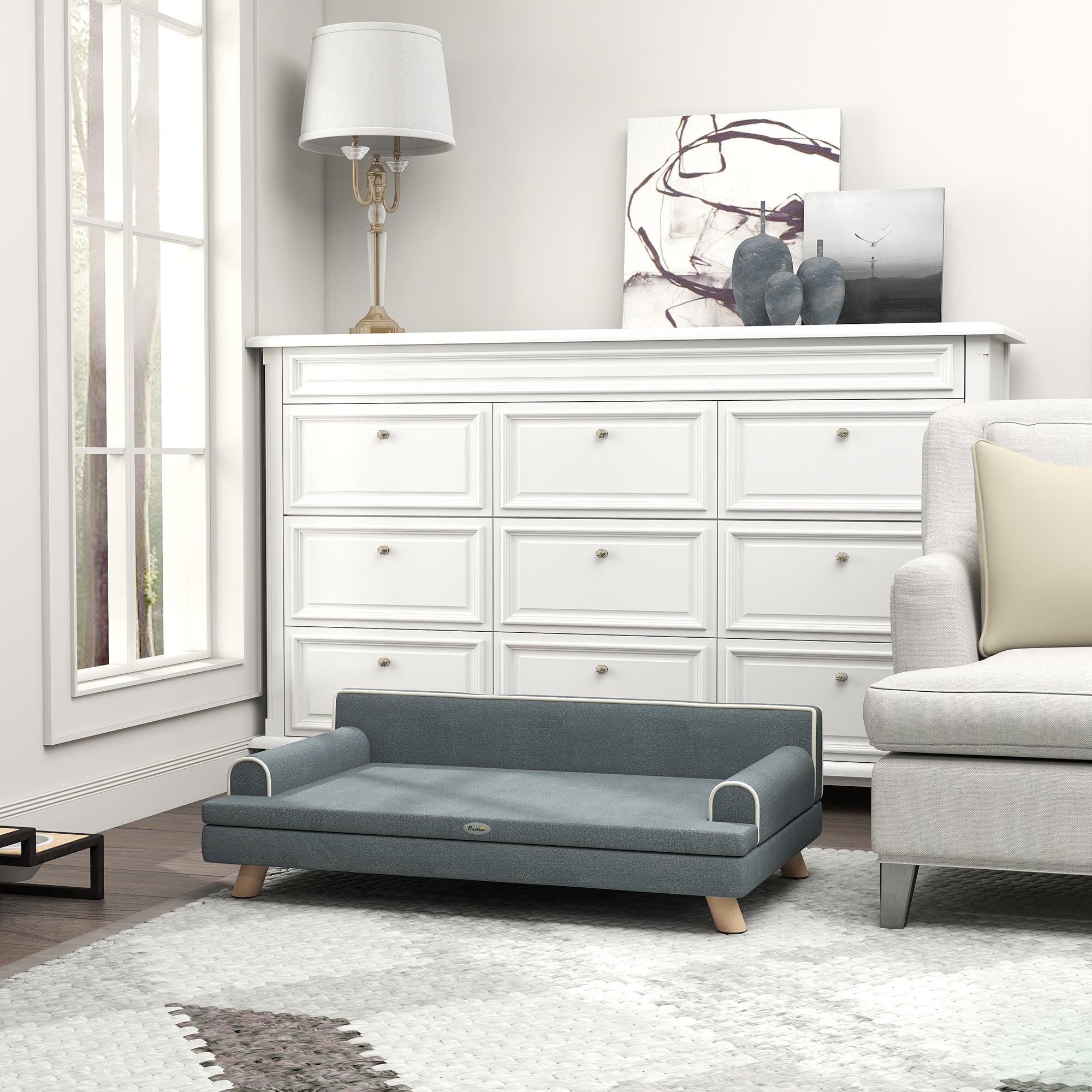 Sofá para perro y gato diseño escandinavo cojín mullido extraíble patas de madera maciza 100 x 62 x 32 cm gris