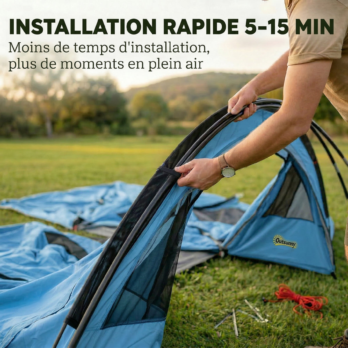 Grande Tente Tunnel Camping 4 Personnes 3-4 Saisons Hauteur d'Homme 2 m Séjour XL 3,7 m Imperméable 3000mm Bleu