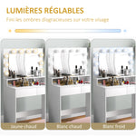 Coiffeuse avec miroir Hollywood, tiroirs, 3 modes d'éclairage, 10 ampoules, 80 x 40 x 135 cm, blanc