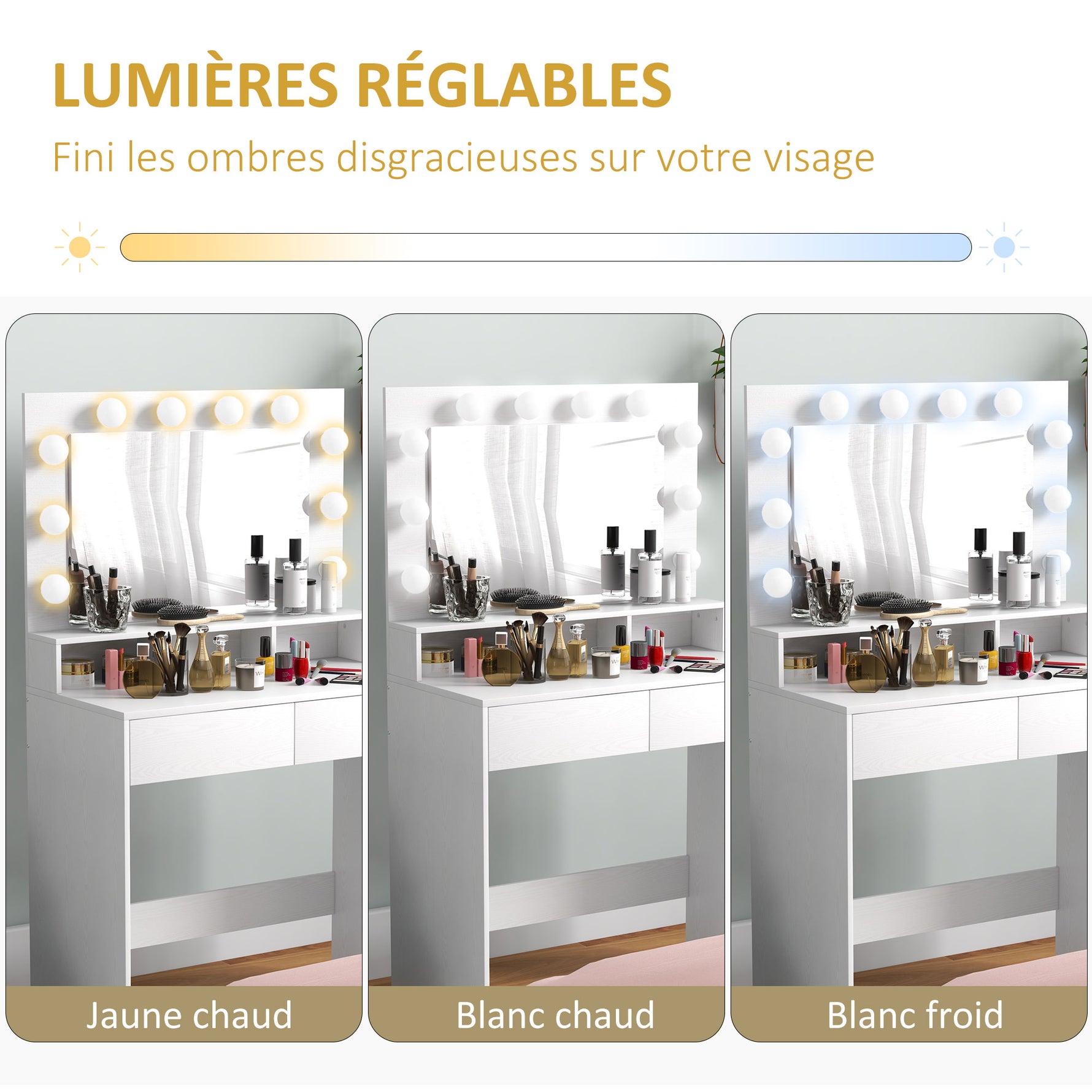Coiffeuse avec miroir Hollywood, tiroirs, 3 modes d'éclairage, 10 ampoules, 80 x 40 x 135 cm, blanc