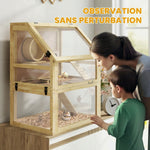 Cage Hamster Rongeur à 3 Niveaux, Fond Amovible, Cabane, Balançoire, 60x40x75cm, Finition Bois Naturel