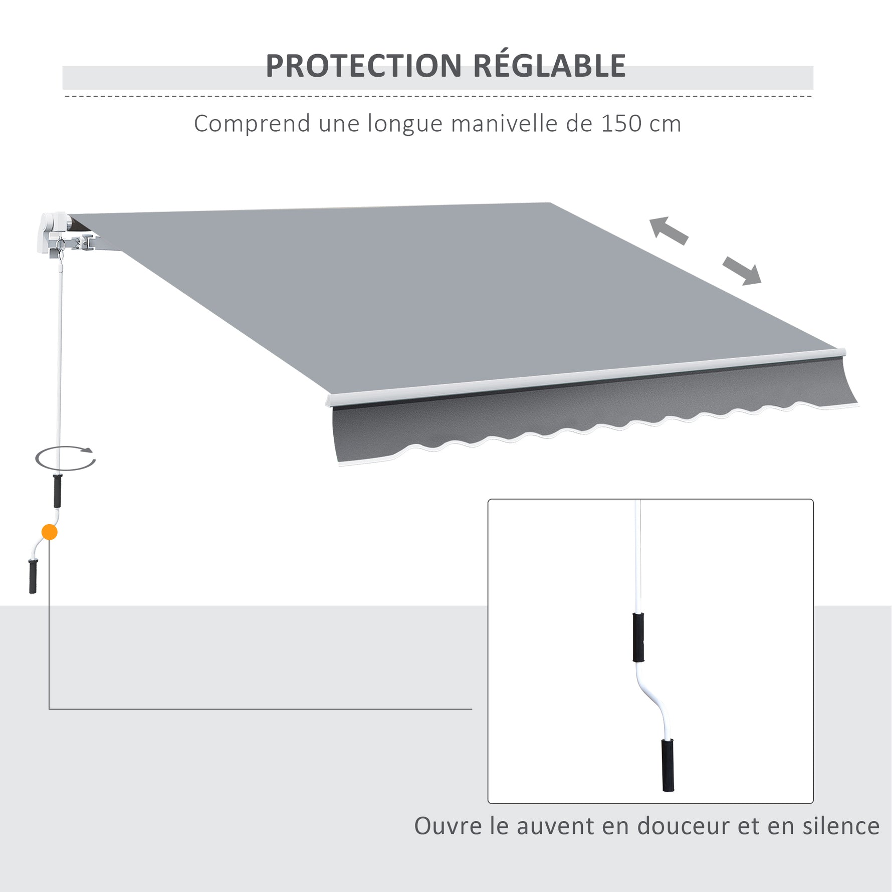 Store banne manuel rétractable 395 x 245 cm store exterieur terrasse avec manivelle, angle réglable 45°-85°