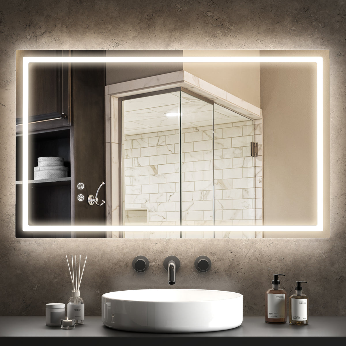 Miroir salle de bain éclairage LED miroir lumineux salle de bain mural interrupteur tactile lumière 3 couleurs 100 x 60 cm