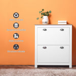 Meuble à chaussures 12 paires, armoire à chaussures étroite avec 2 tiroirs rabattables et étagères réglables, poignées coquilles métal, pour couloir, entrée, 79 x 23 x 90,5 cm, blanc et chêne