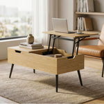 Table basse relevable avec double plateau, table de salon avec compartiment caché et pieds en métal, bois naturel