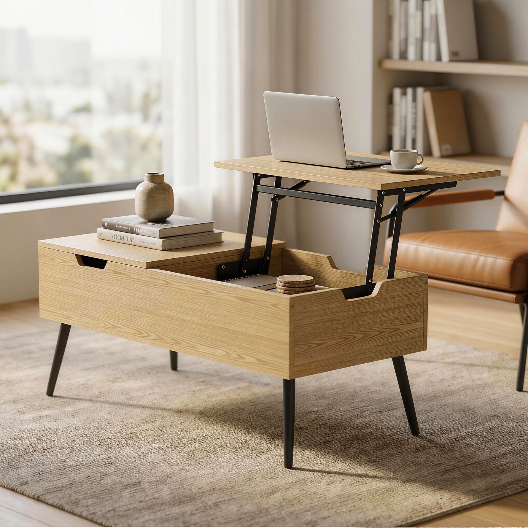 Table basse relevable avec double plateau, table de salon avec compartiment caché et pieds en métal, bois naturel